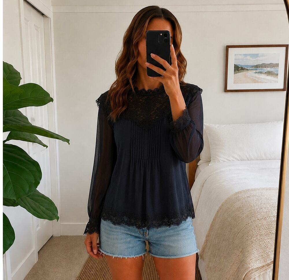 Love Sam Navy Lace High Neck Blouse Sz M